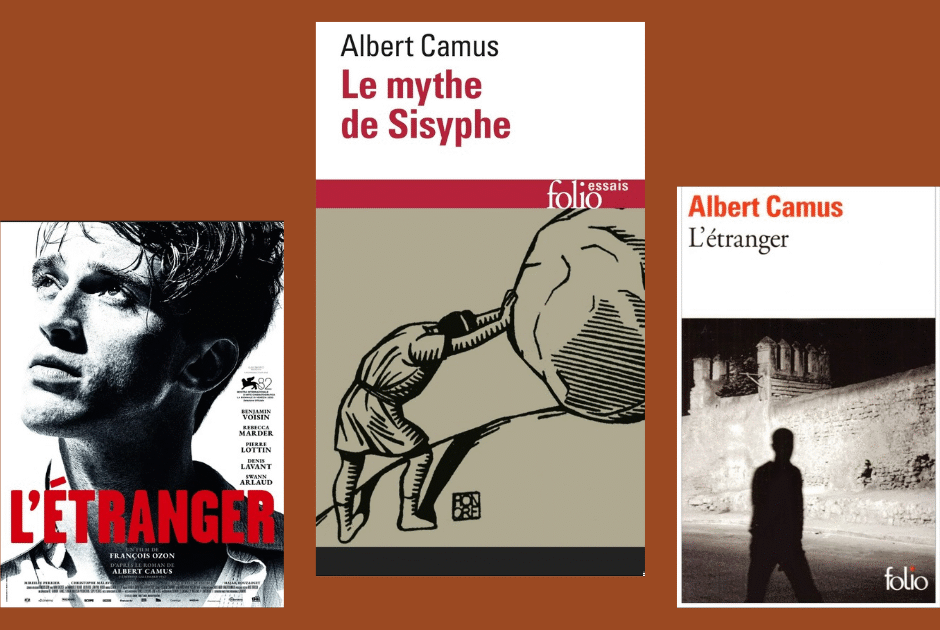 Affiche du film "L'étranger" de François Ozon et couvertures de 2 livres d'Albert Camus, "Le mythe de Sisyphe" et l'étranger"