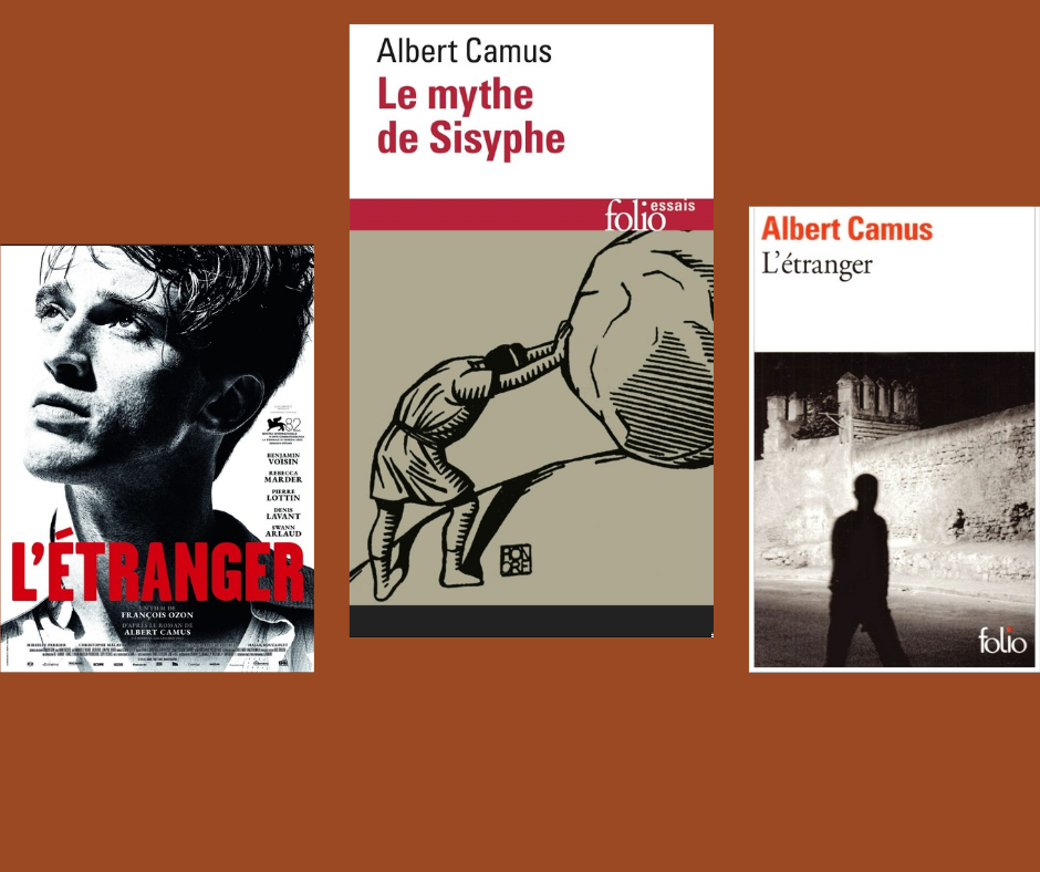 Affiche du film "L'étranger" de François Ozon et couvertures de 2 livres d'Albert Camus, "Le mythe de Sisyphe" et l'étranger"