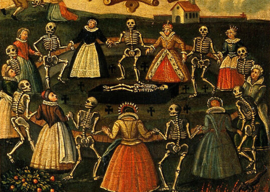 Image représentant une danse macabre. Des squelettes dansent en ronde avec des femmes.