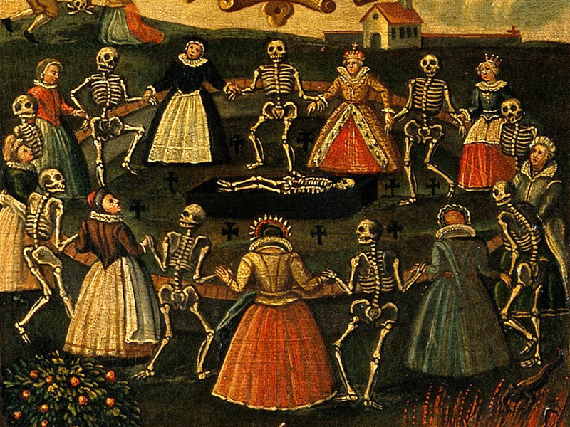 Image représentant une danse macabre. Des squelettes dansent en ronde avec des femmes.
