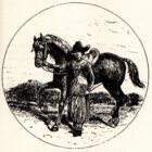 dessin d'Isabella Bird. Elle se représente devant son cheval, en tenue de montagne (veste mi-longue, jupe jusqu'aux chevilles, bottes).