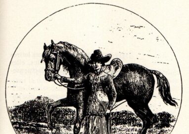 dessin d'Isabella Bird. Elle se représente devant son cheval, en tenue de montagne (veste mi-longue, jupe jusqu'aux chevilles, bottes).