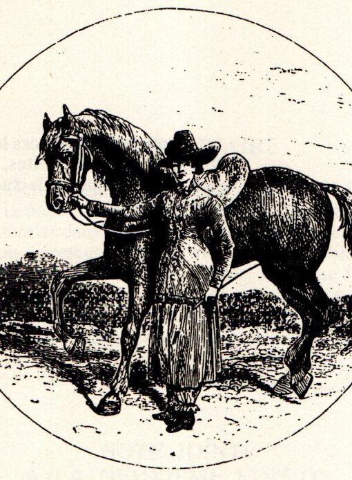 dessin d'Isabella Bird. Elle se représente devant son cheval, en tenue de montagne (veste mi-longue, jupe jusqu'aux chevilles, bottes).