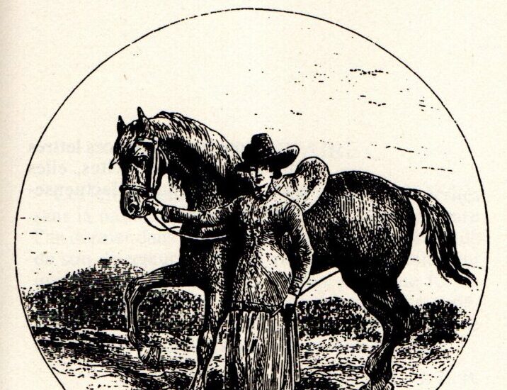 dessin d'Isabella Bird. Elle se représente devant son cheval, en tenue de montagne (veste mi-longue, jupe jusqu'aux chevilles, bottes).