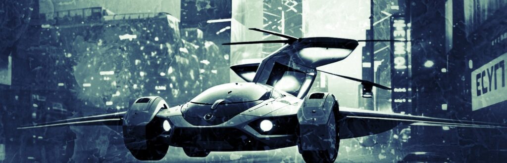 voiture volante futuriste (elle conserve des roues mais a aussi des ailes et une hélice