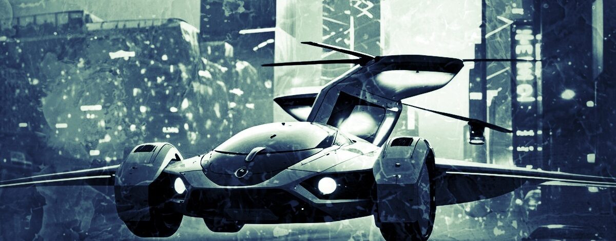 voiture volante futuriste (elle conserve des roues mais a aussi des ailes et une hélice