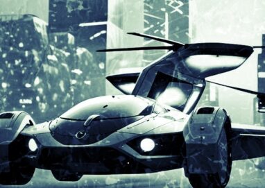 voiture volante futuriste (elle conserve des roues mais a aussi des ailes et une hélice