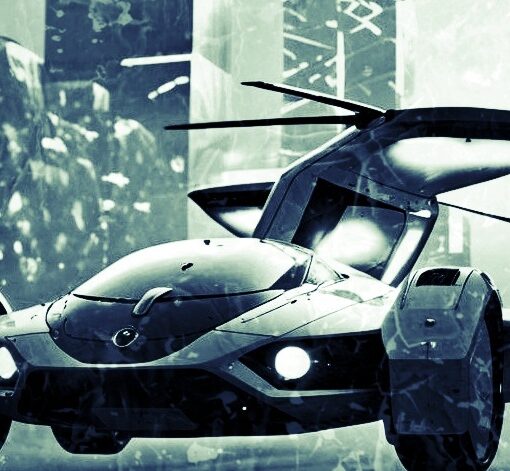 voiture volante futuriste (elle conserve des roues mais a aussi des ailes et une hélice