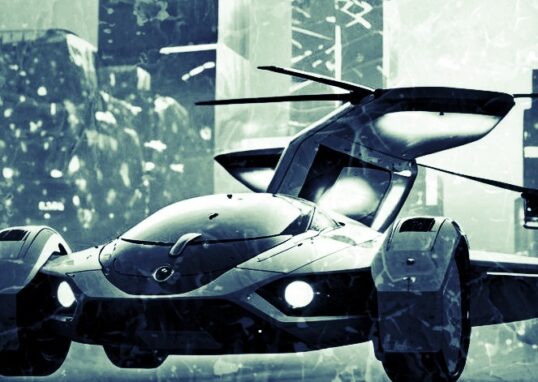 voiture volante futuriste (elle conserve des roues mais a aussi des ailes et une hélice