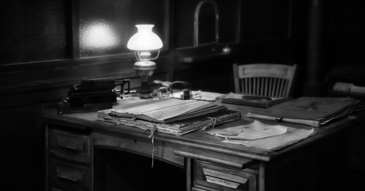 bureau en bois. Photographie Noir et blanc. Lampe ancienne.