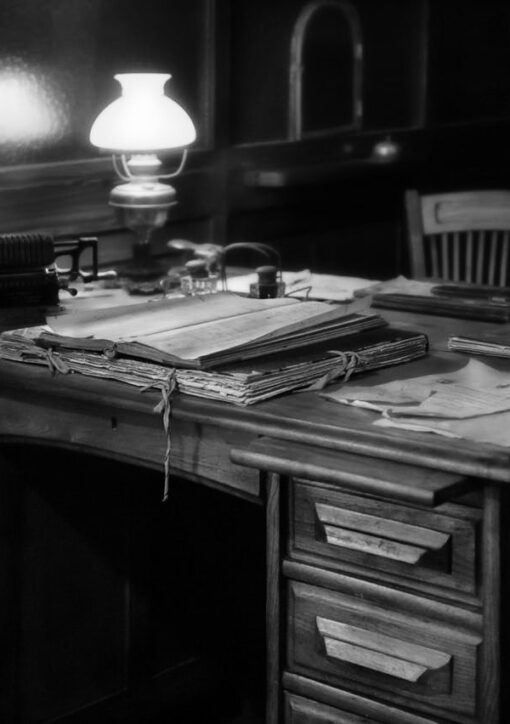 bureau en bois. Photographie Noir et blanc. Lampe ancienne.