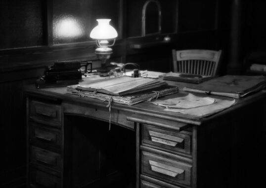 bureau en bois. Photographie Noir et blanc. Lampe ancienne.