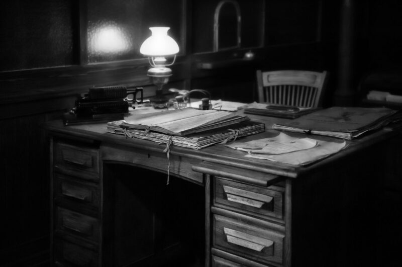 bureau en bois. Photographie Noir et blanc. Lampe ancienne.