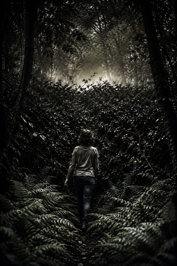 Nouvelles en tous genres Une femme s'avance dans un bois et arrive devant une haute haie. Au-delà de la haie, une étrange lueur.
