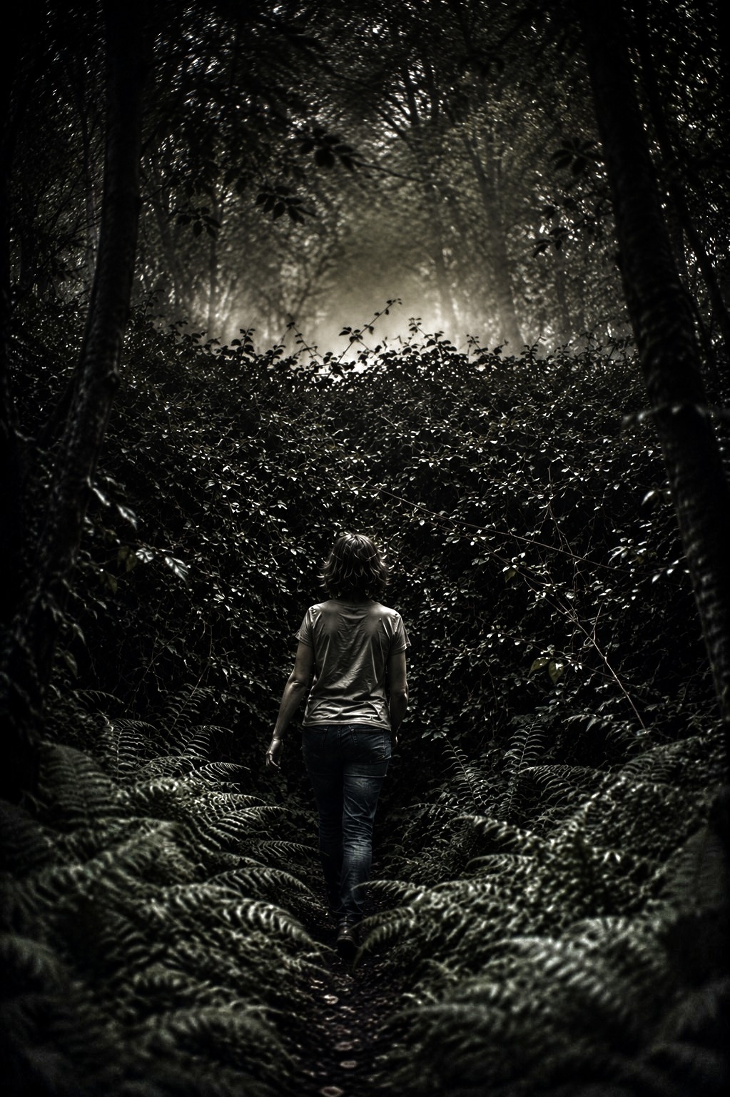 Une femme s'avance dans un bois et arrive devant une haute haie. Au-delà de la haie, une étrange lueur.